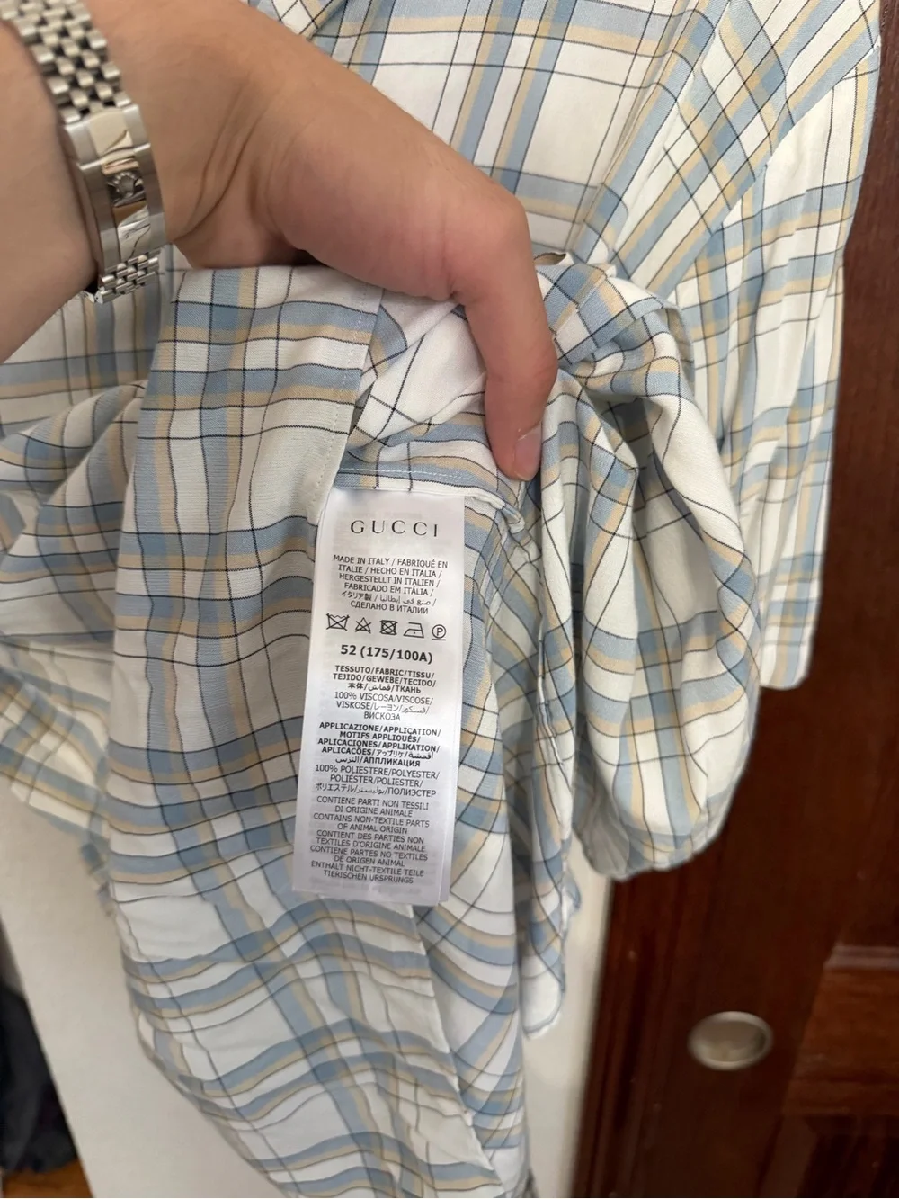 Gucci Plaid Short-Sleeve Button-Up in Light Blue and Cream